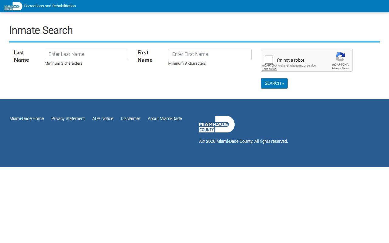 Miami Beach inmate search database showing Miami-Dade facilities