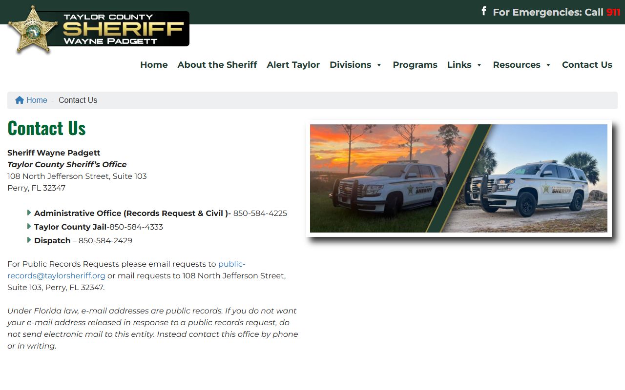 Taylor County Sheriff's Office contact page